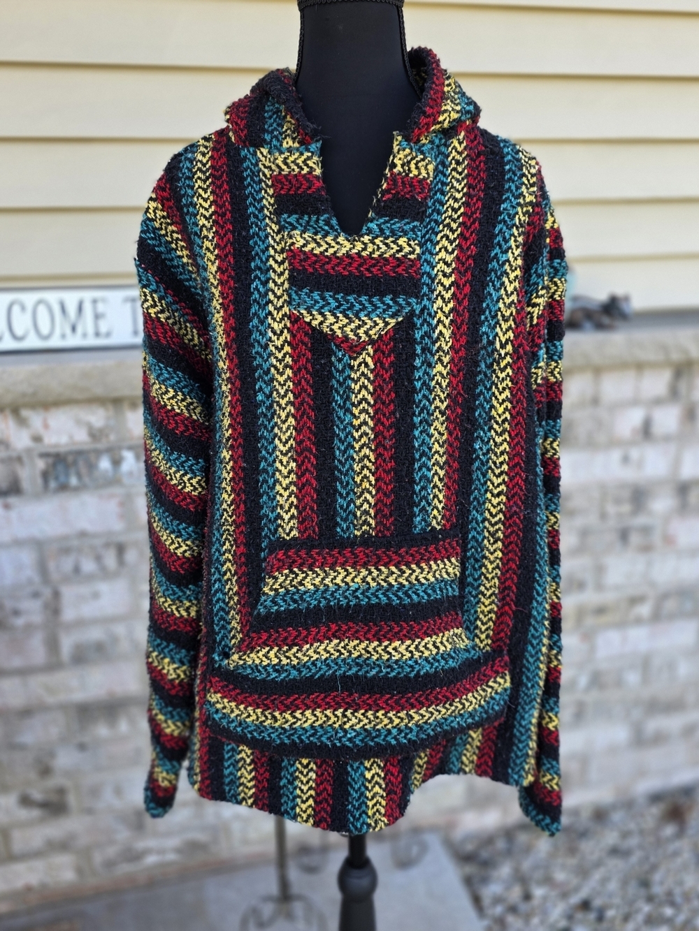 Baja Joe Drug Rug Hoodie Size Large Rasta Stripe Pullover
